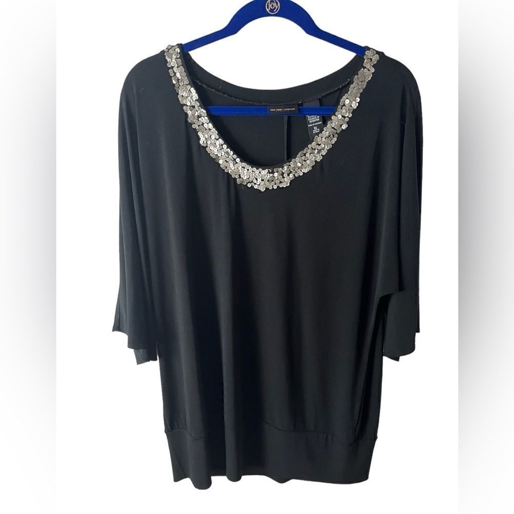 New York & Company Sequin Black 3/4 Sleeve Top Size XL